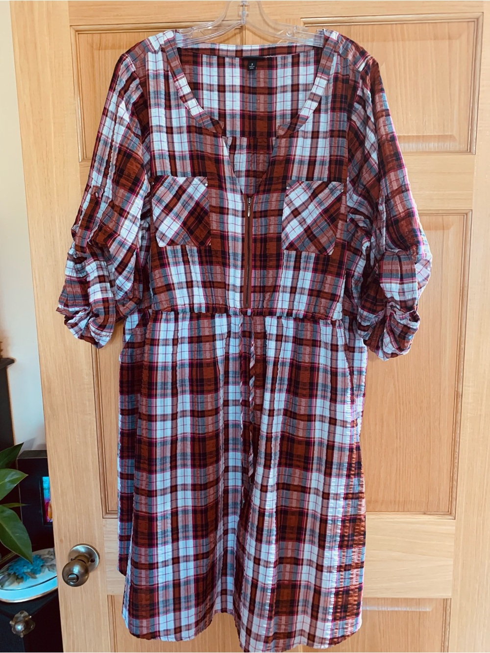 Torrid plus sized Plaid Button-Front Shirt Dress in Burgundy, Rust and White